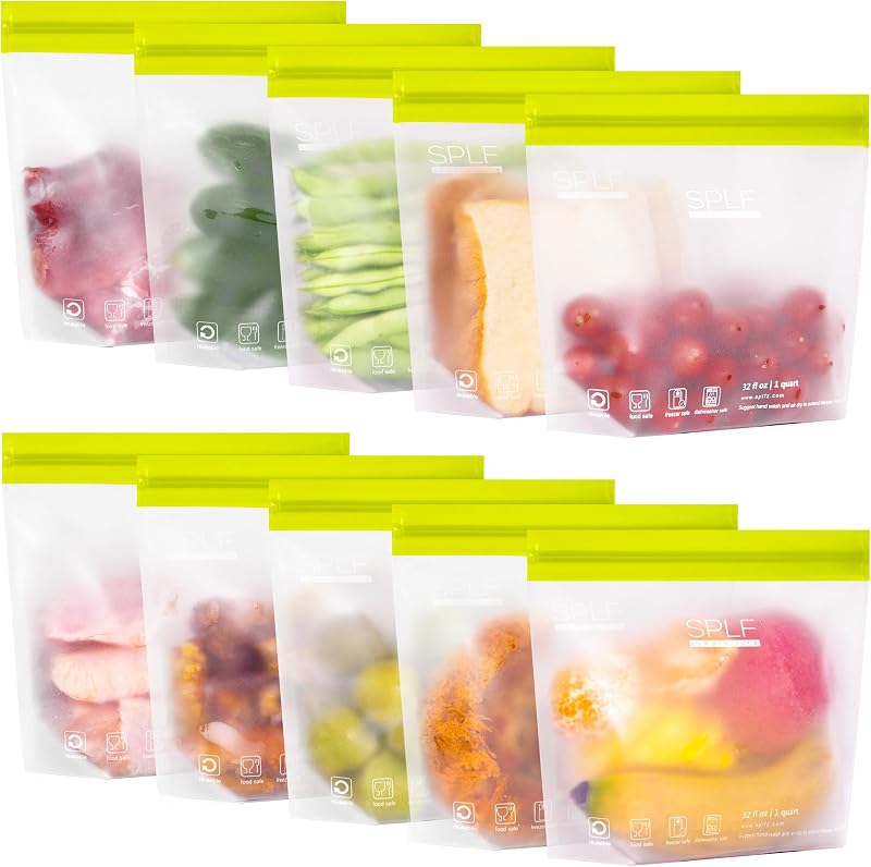 10 Pack Stand-Up Reusable Quart Freezer Bags Dishwasher Safe | Extra Thick Leakproof 1 Quart Food Storage Bags, BPA Free Bags for Meal Prep, Sandwich, Snack, Travel Fridge Organization