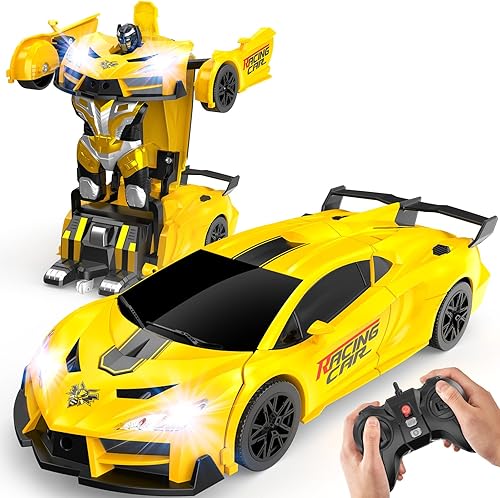 Coche de juguete de control remoto para niños de 4 a 7 años, autos RC geniales con luces de doble color, rotación de 360, deformación con un solo