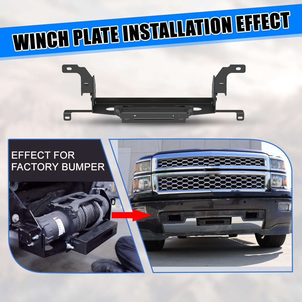 CPW Winch Plate Fit For 2014 2015 Chevy Silverado 1500, Heavy Duty Steel Winch Plate w/Flip-up Licence Plate Mounting Bracket, Could Be Used On OE Front Bumper & Winch Length Not Exceed 565mm
