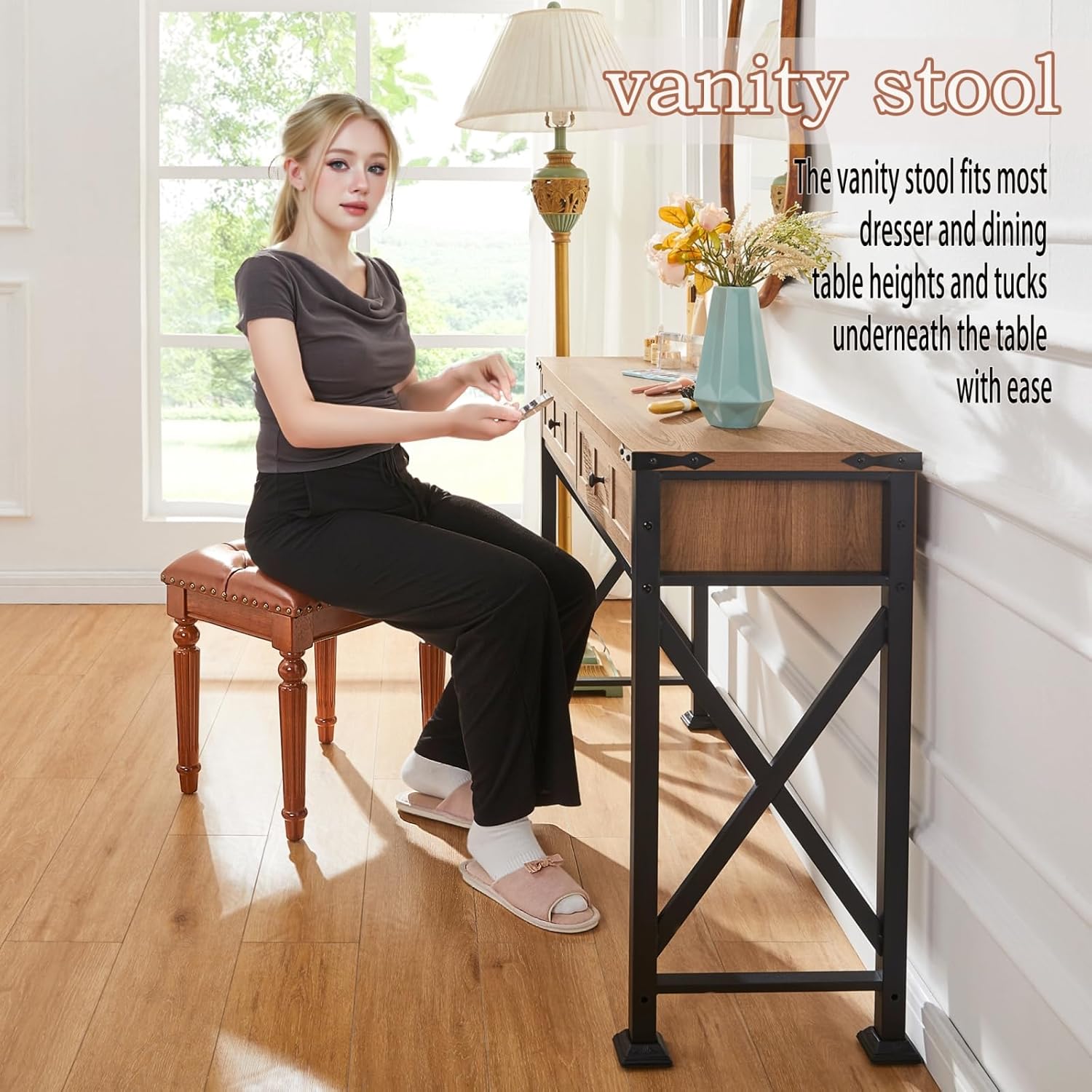 Vanity Stool for Makeup,Vanity Bench Seat,Dining Table Chair with Padded Ottoman,Solid Wood Leather Stool for Desk