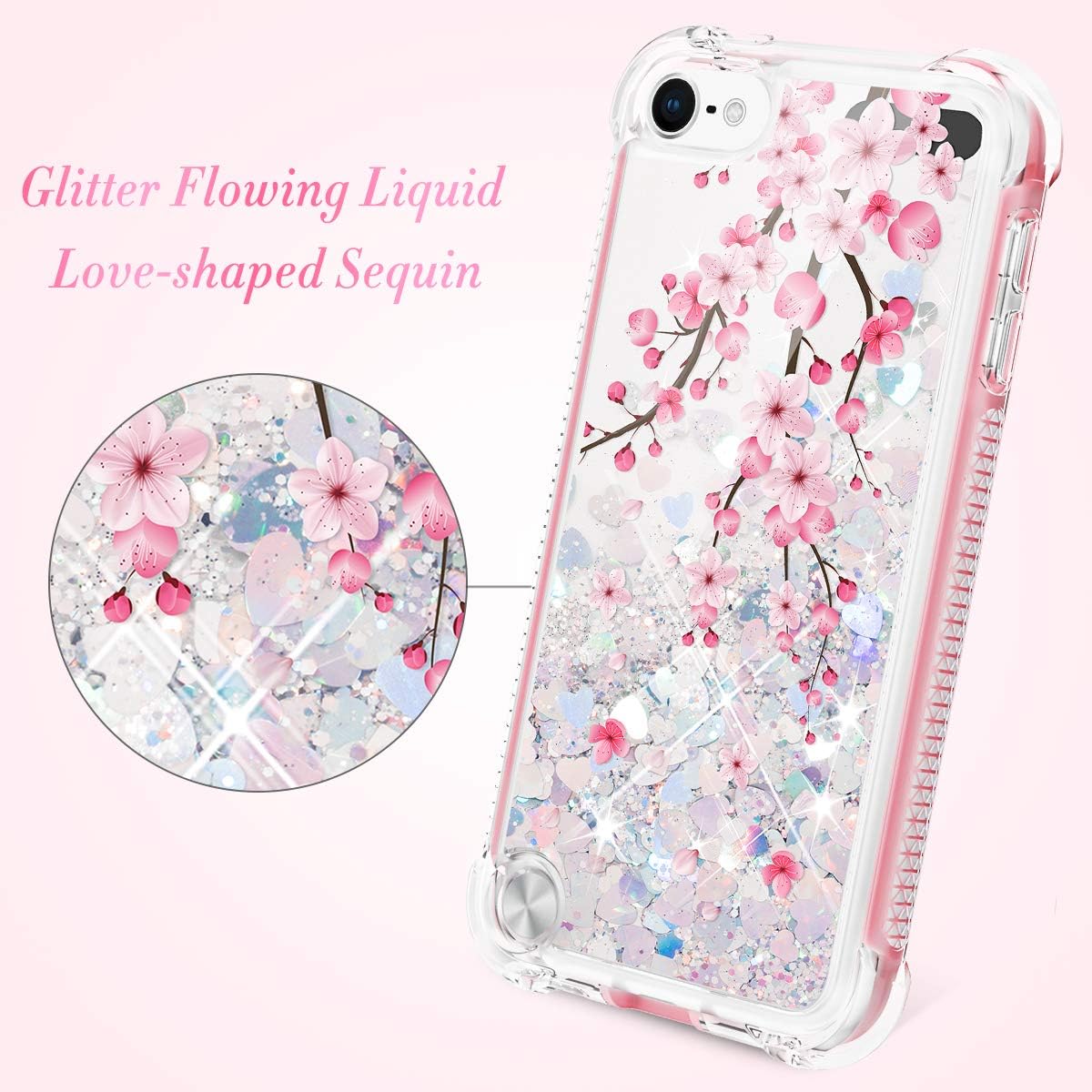 Caka Glitter iPod Touch 7th 6th 5th Generation Case, iPod Touch 7 6 5 Case for Girls Girly Full Body Case with Screen Protector Bling Sparkle Liquid Case for iPod Touch 5 6 7 (Cherry)