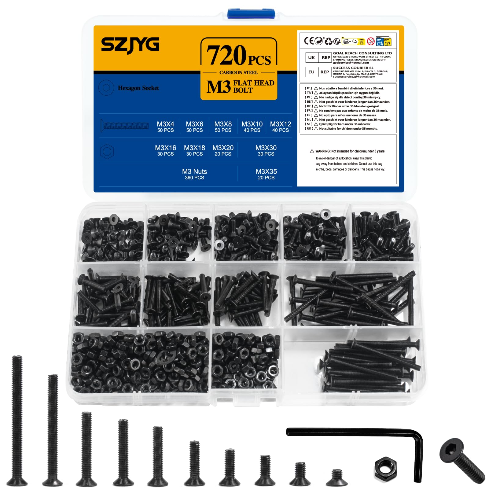 720 Pcs M3 Screws Set, Black Countersunk Bolts and Nuts Set, Machine Screws Assorted Nuts and Bolts, Flat Head Hex Socket Head Screw Assortment Kit (720, black, M3)