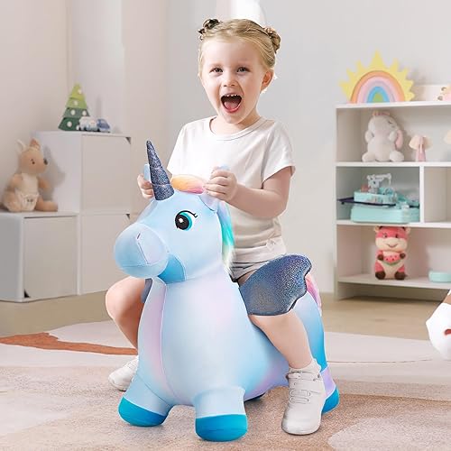 Vista 8 de EVERICH TOY Caballos hinchables de unicornio inflable de peluche para saltar animales de tolva rebotadora para niños pequeños, animales inflables