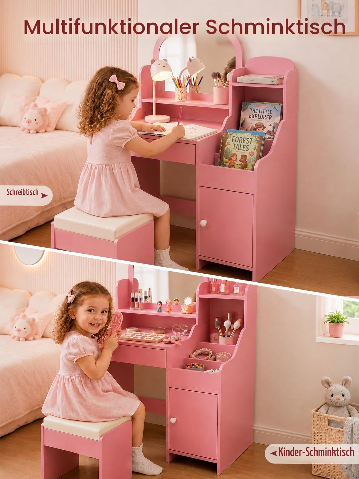 Kinder Schminktisch mit Spiegel und Hocker, Frisiertisch aus Holz mit Schrank und Ablagen, Schminktisch für Mädchen, Rosa