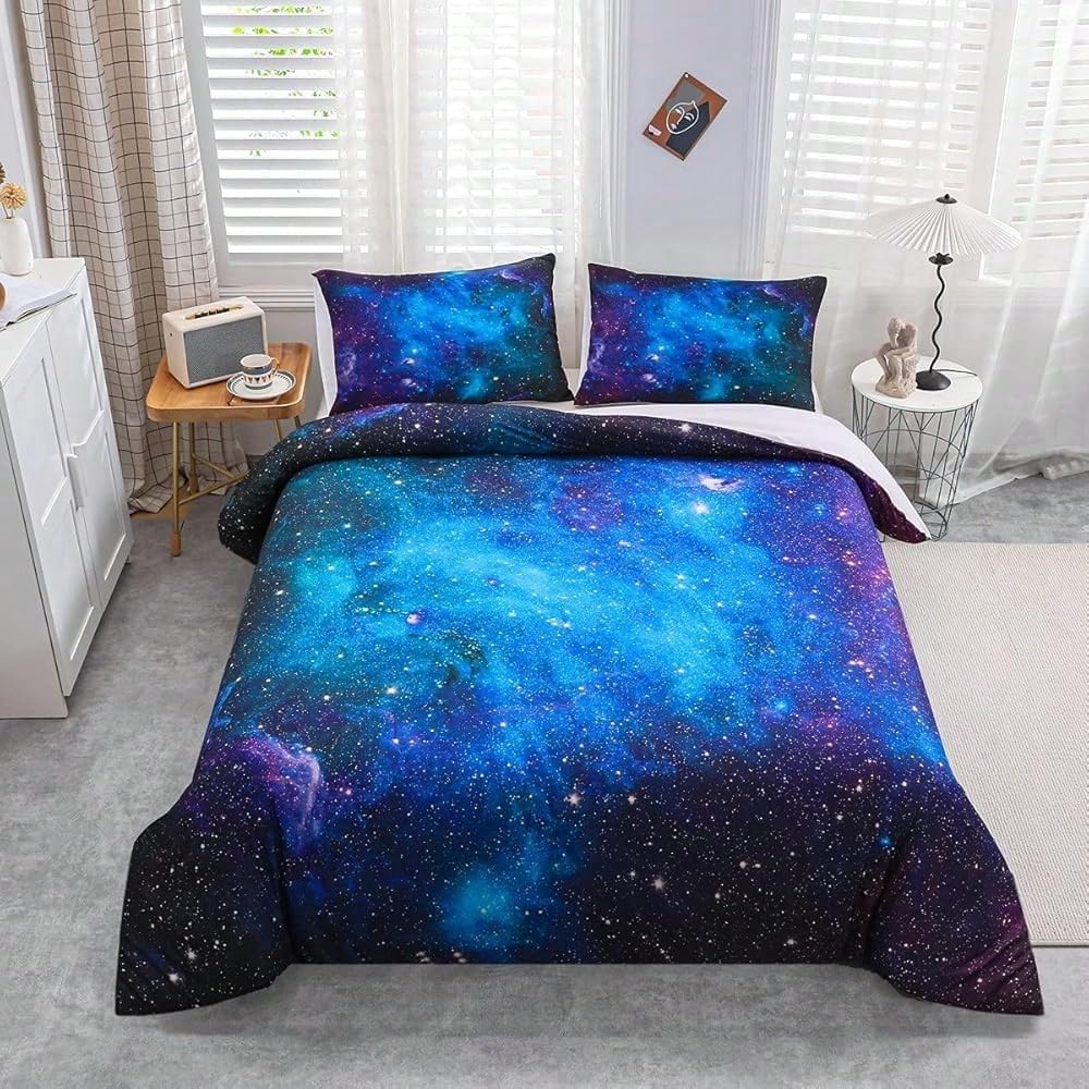 Housse de couette ciel étoilé 150x210 cm avec 2 taies d'oreiller pour lit complet