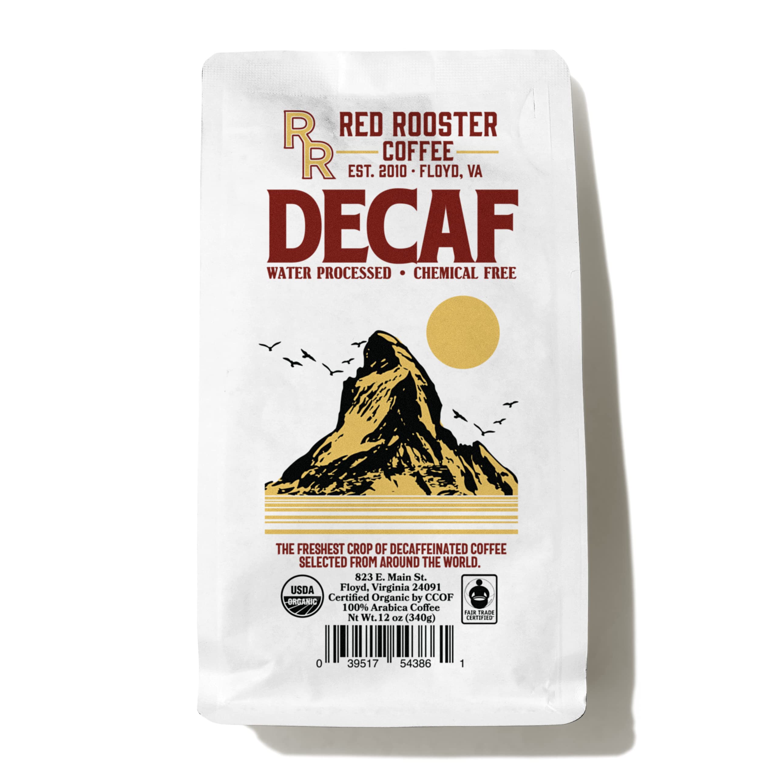 Red Rooster Coffee, Organic Decaf Coffee – Medium Roast Whole Bean – Notes of Dark Chocolate & Citrus – 12oz – Fair Trade, USDA Organic
