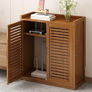 WiFi Router Storage Cabinet,Bamboo Floor Standing Router Storage Box with Ventilation, Power Strip and Cable Organizer for Home Media Storage Cabinet, Cord Management for Office