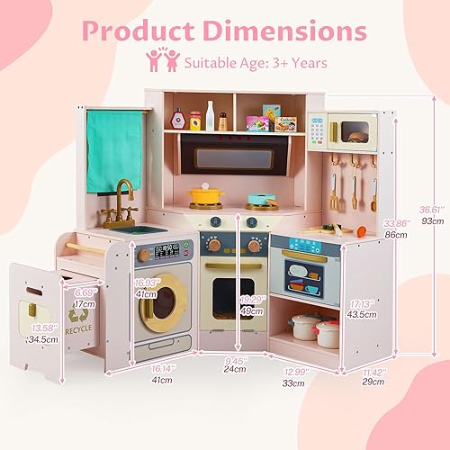 Miniatura 9 de INFANS Juego de cocina esquinera para niños, juego de cocina de madera para niños pequeños con campana extractora, contenedor de basura, gabinete de