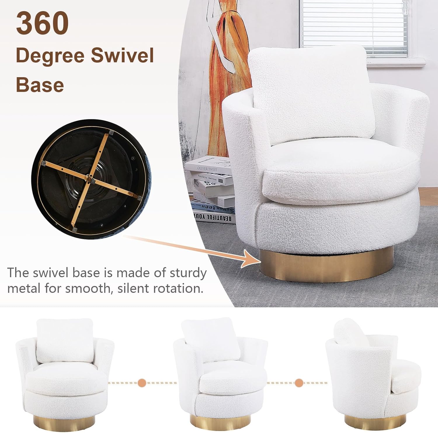 Swivel Barrel Chair for Living Room, Modern Round Accent Chair With Tall Backrest, 360 Degree Comfy Teddy Fabric Chair for Bedroom, White