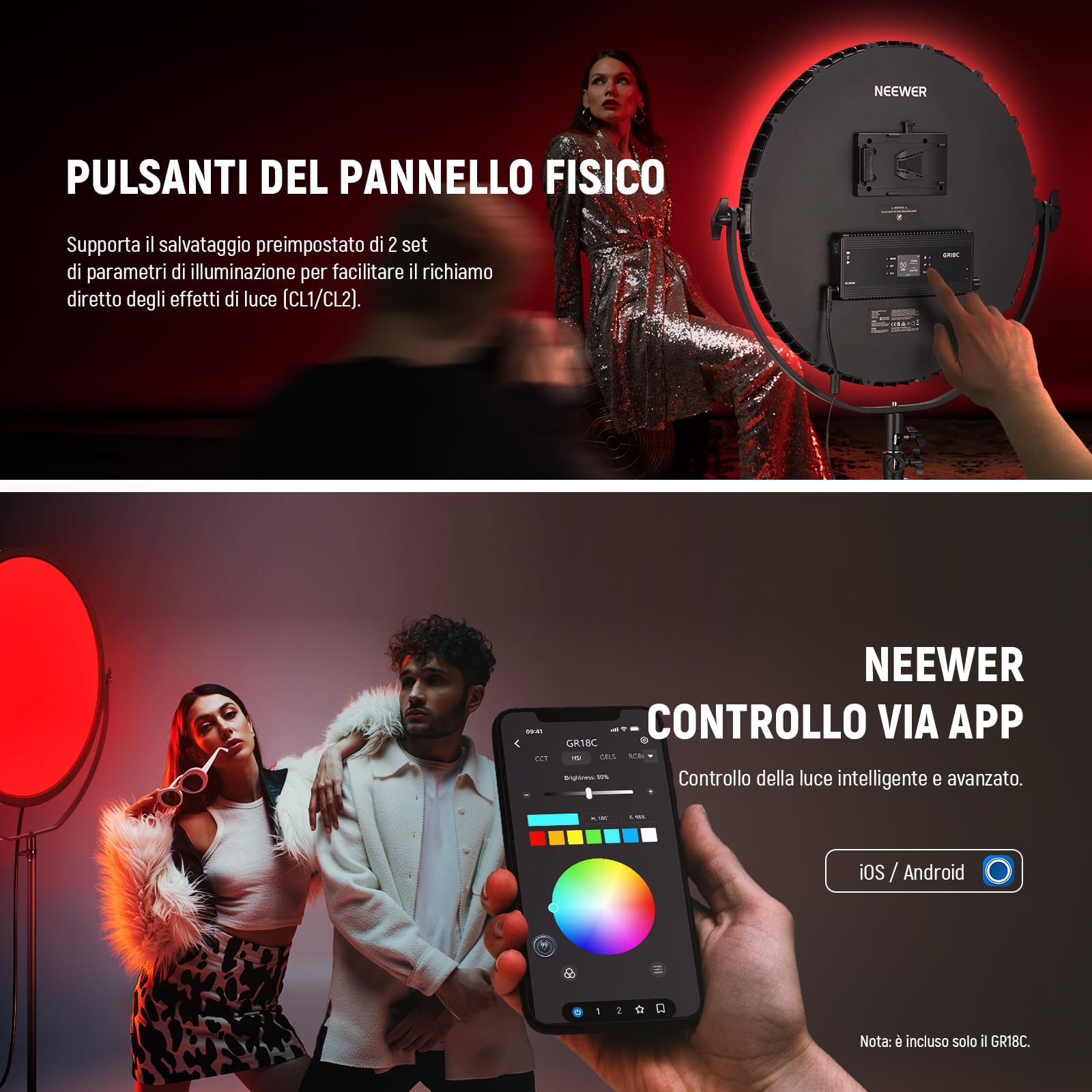 NEEWER 18" Pannello Luce Video LED RGB Rotondo con Controllo APP, 65W 6000Lux/0.5m 2500K-8500K RGBCW Illuminazione da Studio Fotografico /18 Scene/Alimentata a Batteria V per Riprese Streaming, GR18C