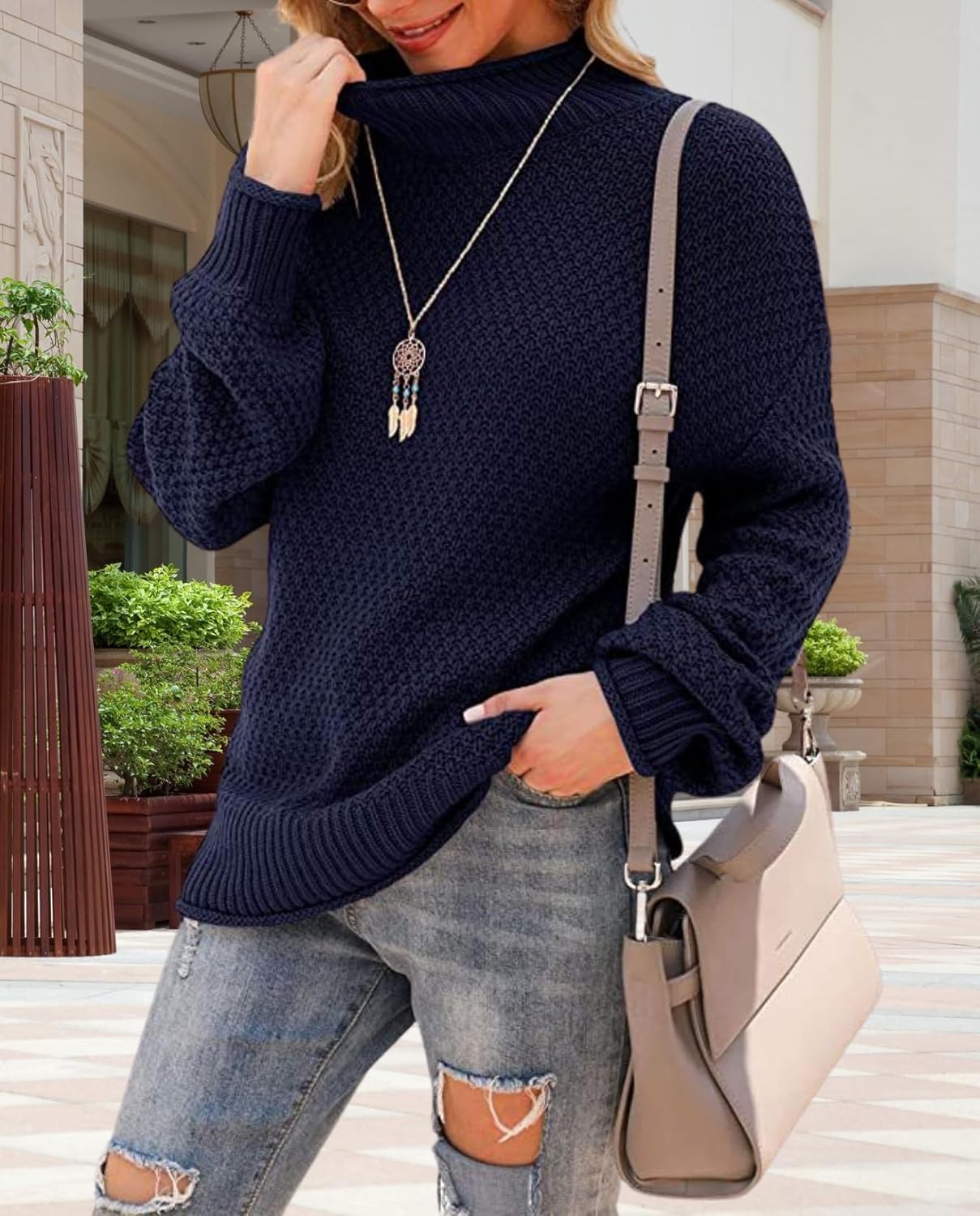 Women's Oversized Turtleneck Pullover Batwing Sleeve Casual Sweater Long Sleeve Warm Top for Vacation Wear - Image 3