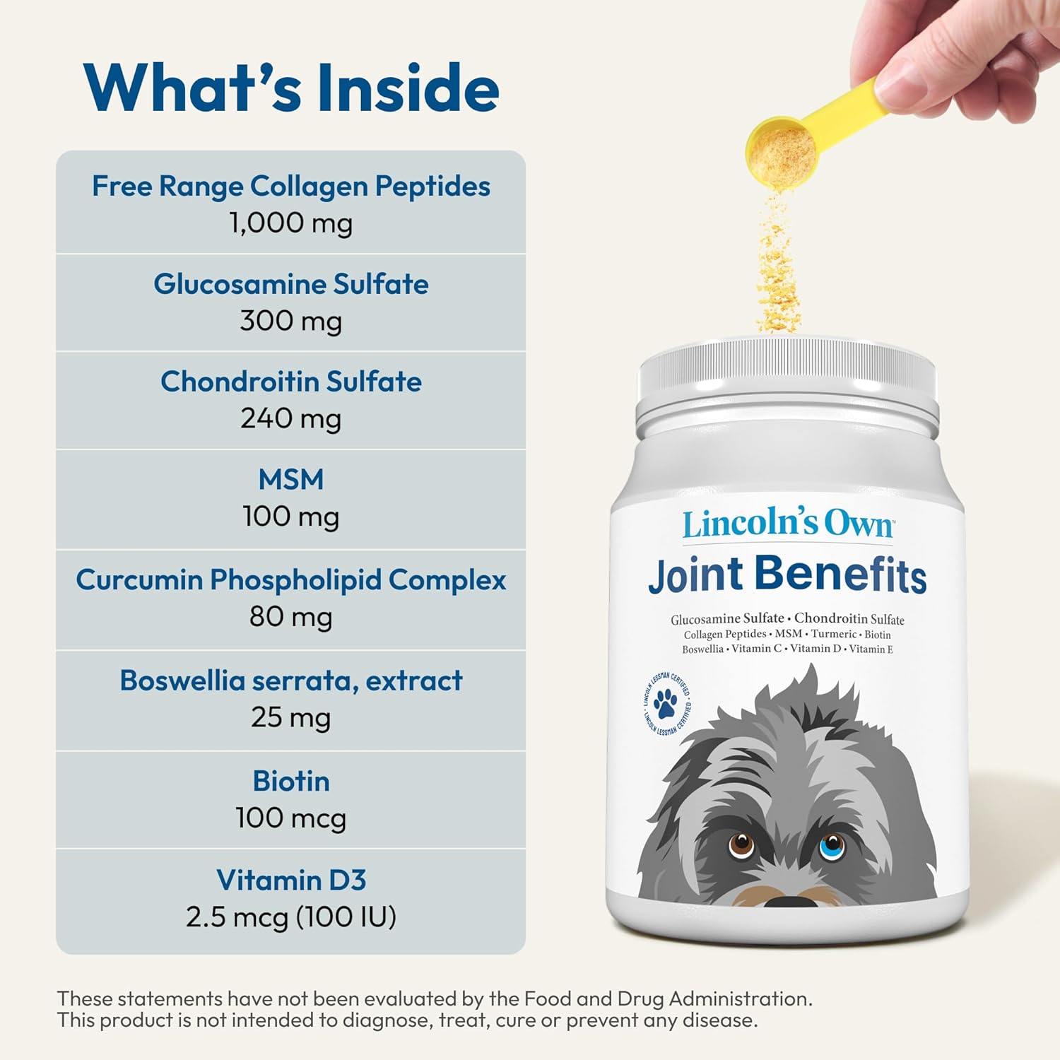 ANDREW LESSMAN Lincoln’s Own Joint Benefits for Dogs. 240 Servings. Advanced Glucosamine, Chondroitin and Free-Range Collagen Peptide Powder for Dogs. Contains No Additives of Any Kind.