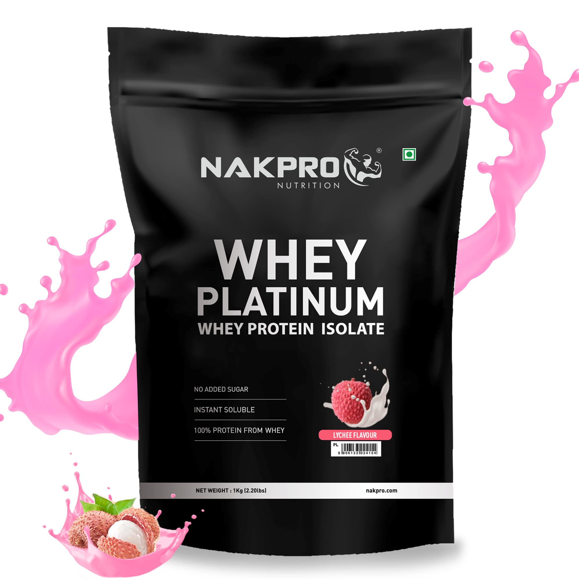 NAKPRO Platinum Whey Protein Isolate 1kg Lychee | 28g Protein, 6.4g BCAA | Trustified Certified 100% Authentic Supplement Powder & No Adulteration | Low Carbs, Fast Absorbing Whey Protein Powder