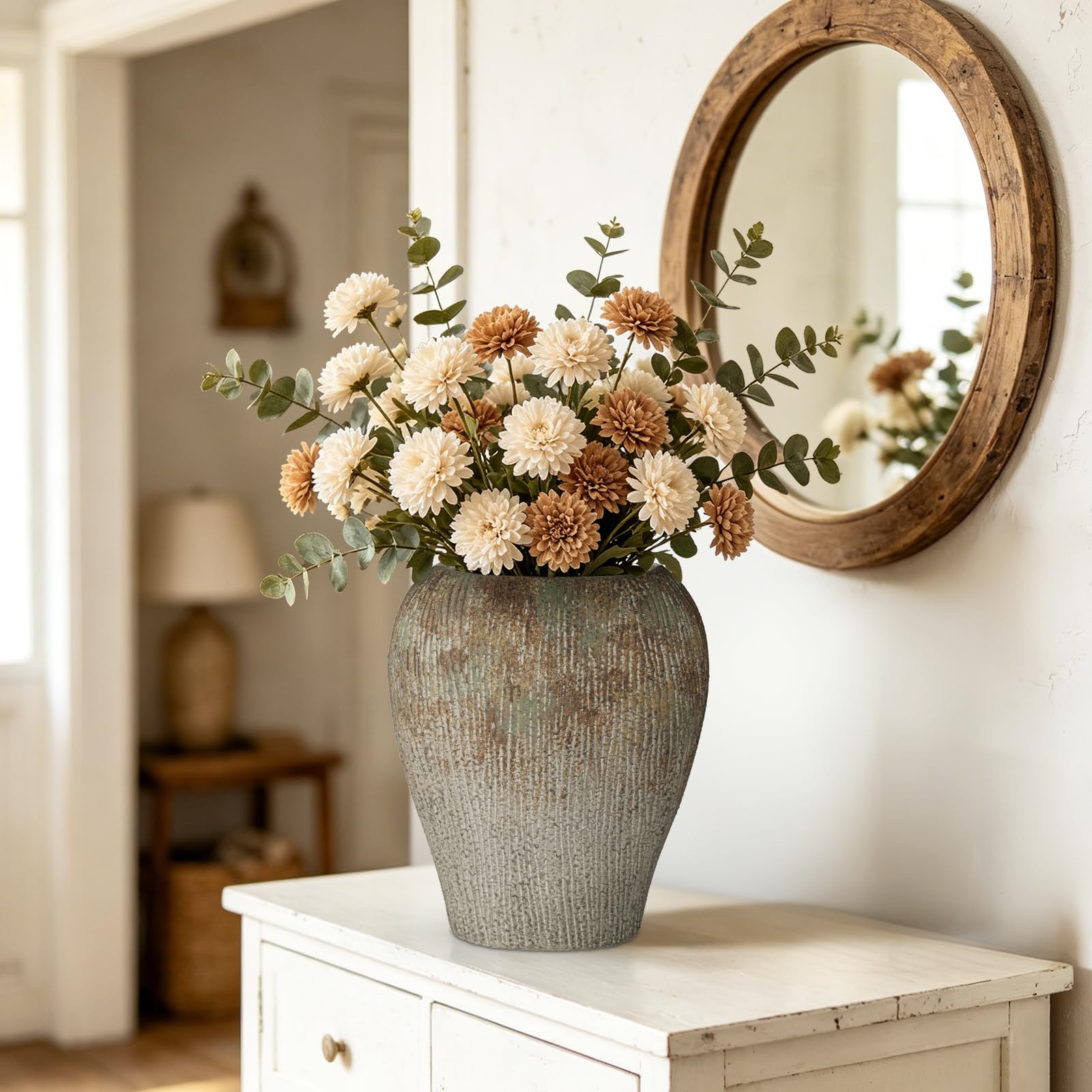 Briful Jarrón plano de cerámica delgado de 12.8 pulgadas para decoración del hogar, jarrón de flores gris musgo acanalado de 32 cm, jarrones decorativos estrechos que ahorran espacio para flores