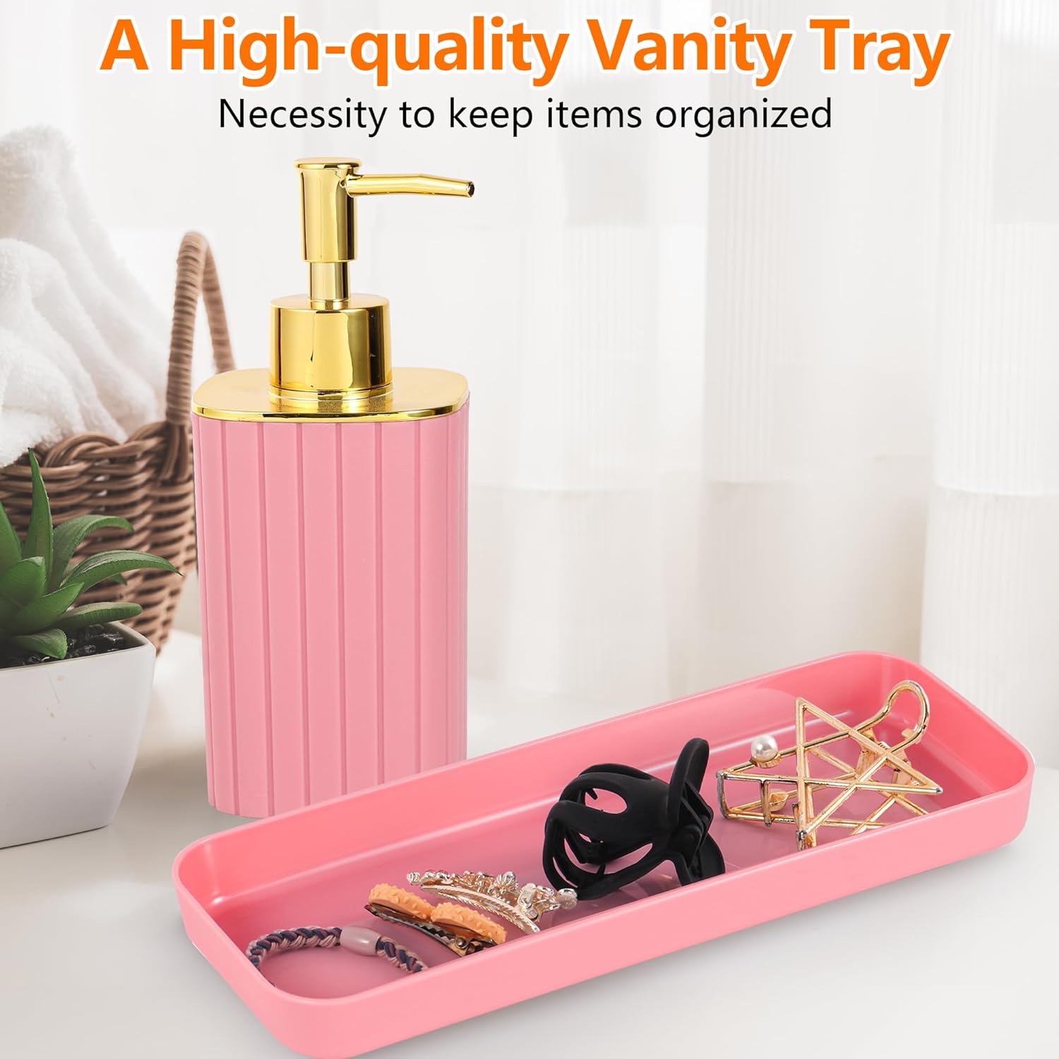 Pink Bathroom Decor - 10pc Pink Accessory Set with Trash Can, Soap Dispenser, Soap Dish, Toothbrush Holder, Cup, Toilet Brush, Qtip Holder