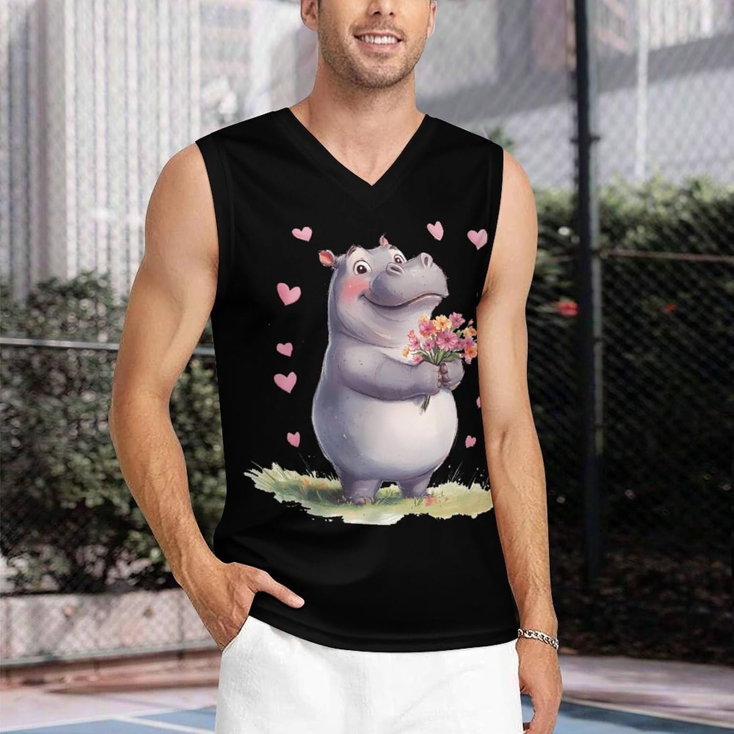 Hippopotamus Flowers Love Heart Men's V-Neck Basketball Tank Top Sleeveless Workout Tank Shirts Gym Fitness Tees Vest