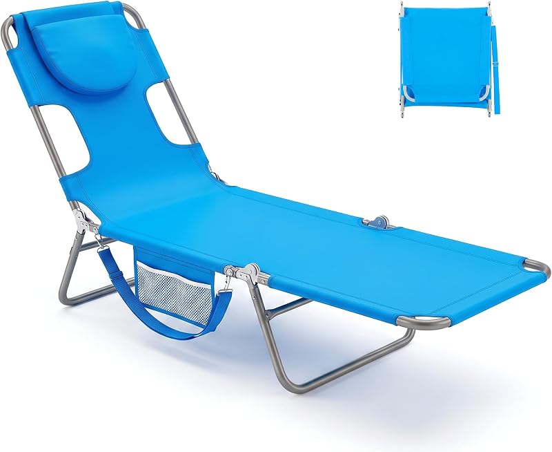 NEWBULIG Beach Lounge Chair Outdoor, Tanning Chair with Face Hole, Blue | 5-Position Adjustable Sunbathing Chaise Lounge, Portable Folding Recliner for Pool Patio Lawn Garden Reading Camping