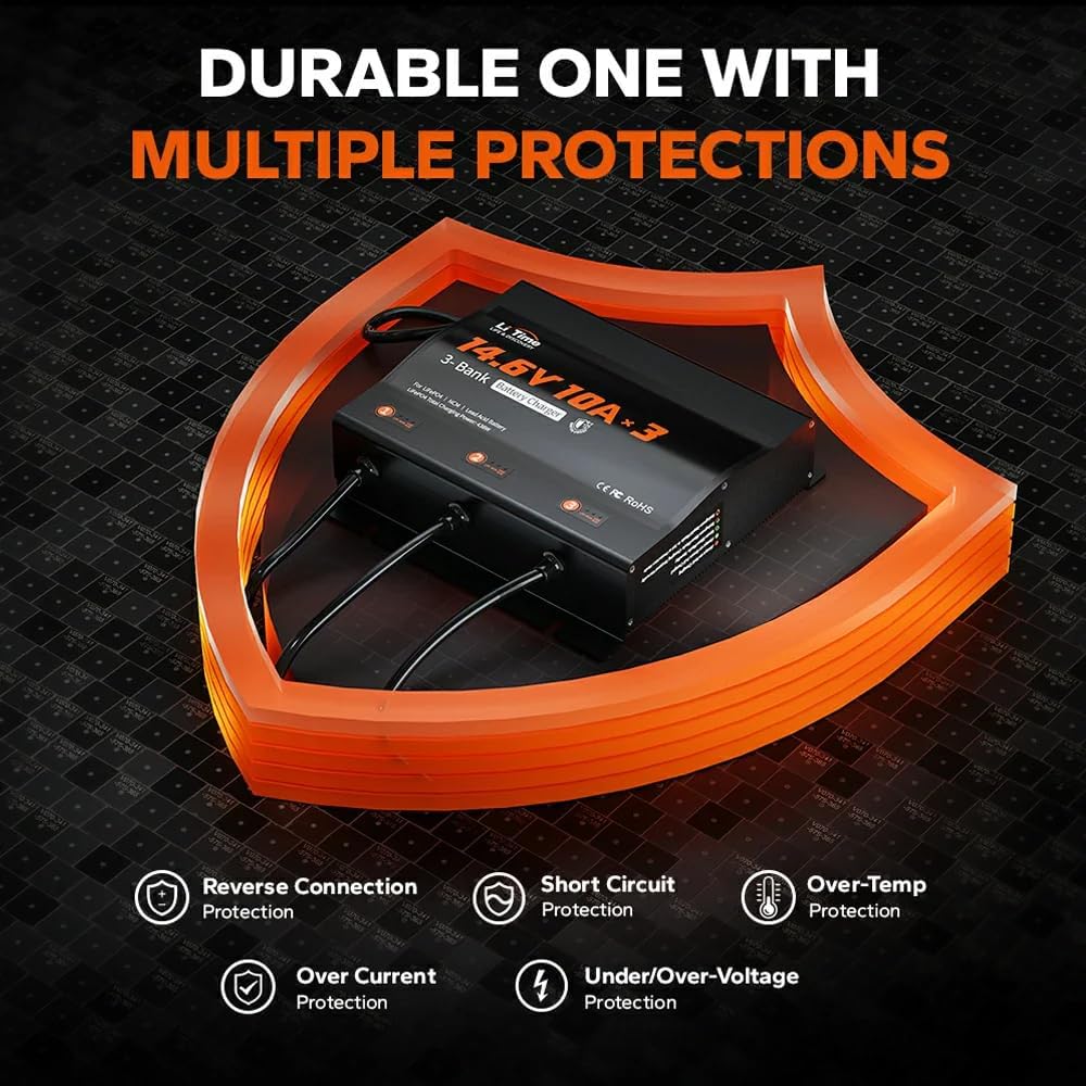 LiTime 3-Bank 10A (10A/Bank) Smart Battery Charger, 14.6V LiFePO4 Battery Charger AC-DC Charger with Fuse, LED Indicator for RV, Boat, Motorcycle, Lawn Mower, Trolling Motor and Lead Acid Battery