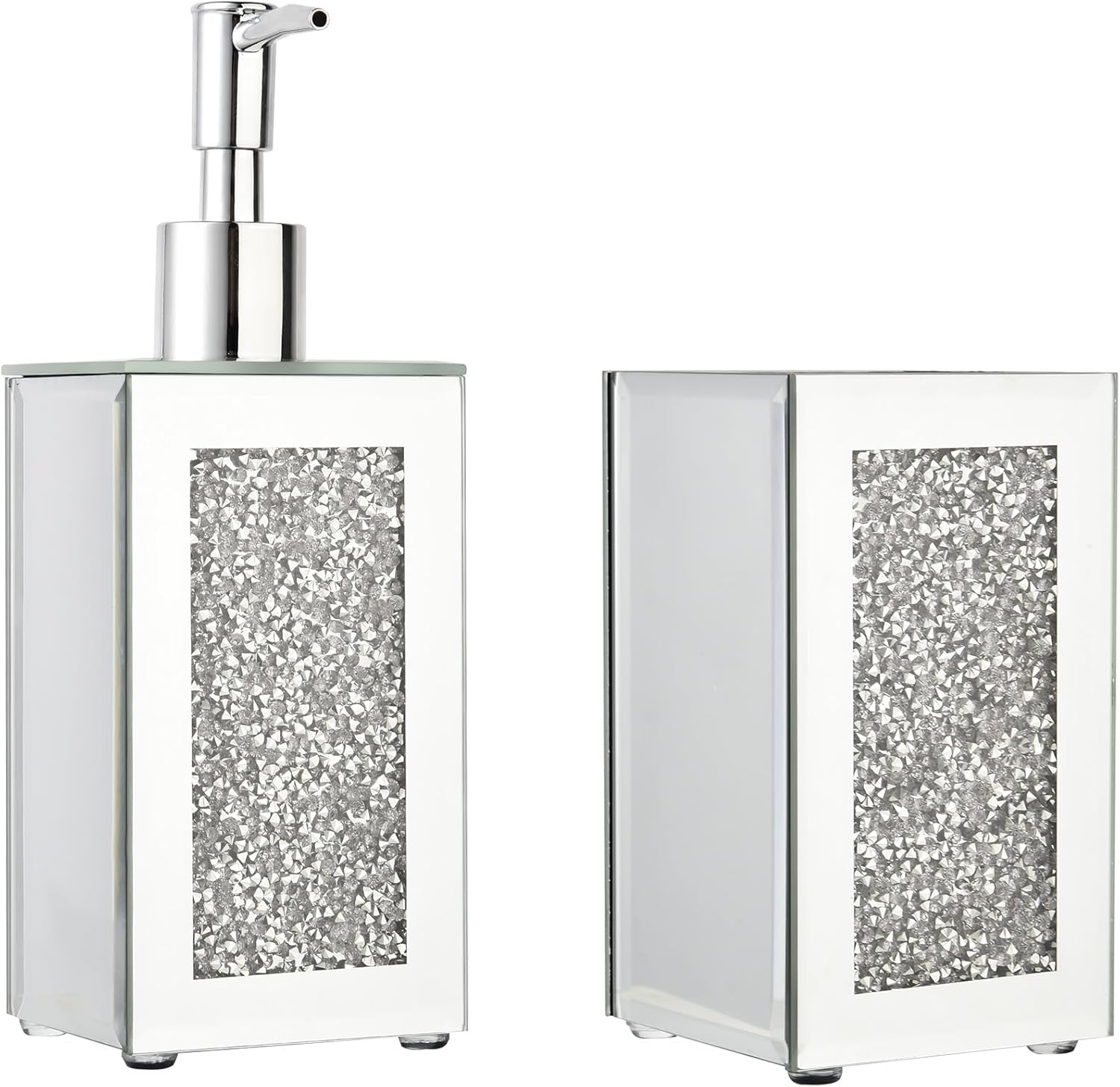 Luxury 2-Piece Bathroom Set, 150ml Diamond-Embedded Glass Soap Dispenser and Toothbrush Holder, Elegant Vanity Organizer for Modern Bathrooms