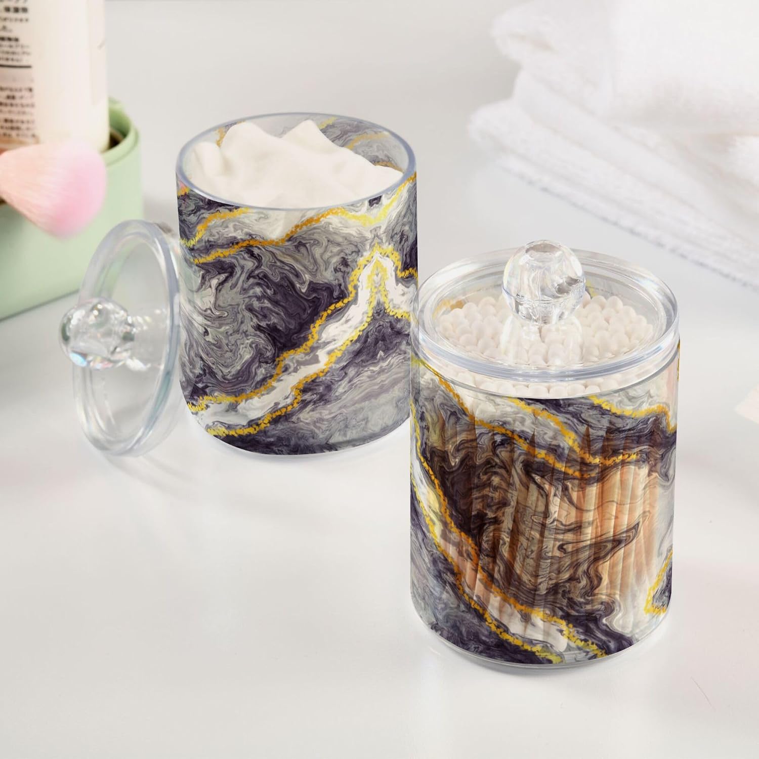 MNSRUU 4 Pack Qtip Holder Organizer Dispenser Black Grey Marble Bathroom Storage Canister Cotton Ball Holder Bathroom Containers for Cotton Swabs/Pads/Floss