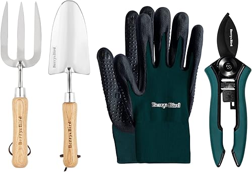 BerryBird Juego de herramientas de jardín 4 piezas de herramientas de jardinería de acero inoxidable que incluye pala de mano tenedor de mano