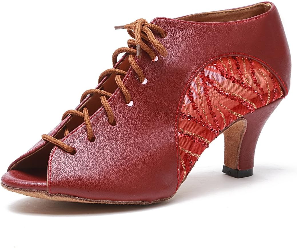 YZC Girls Womens Lace-up Mesh Leather Latin Dancing Shoes Ankle Sandals