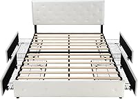 Vista 9 de Allewie - Base de cama con plataforma tapizada tamaño Queen, con 4 cajones de almacenamiento y cabecera, botón cosido en forma de diamante, base