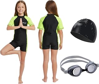 THE MORNING PLAY Kids One Piece Swimsuit with Cap and Goggles, Swimwear for Girls and Boys, Unisex Swimming Skating Yoga C... Price In India