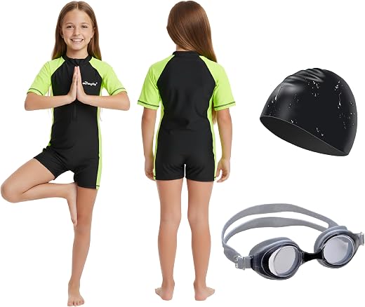 THE MORNING PLAY Kids One Piece Swimsuit with Cap and Goggles, Swimwear for Girls and Boys, Unisex Swimming Skating Yoga C...