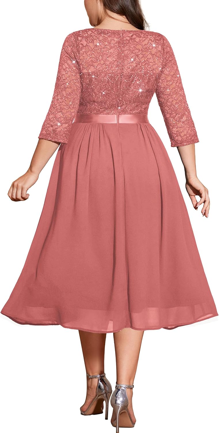 MISSMAY Women's Plus Size Sequins Lace Sleeves V-Neck Midi A-Line Cocktail Dresses - Image 2