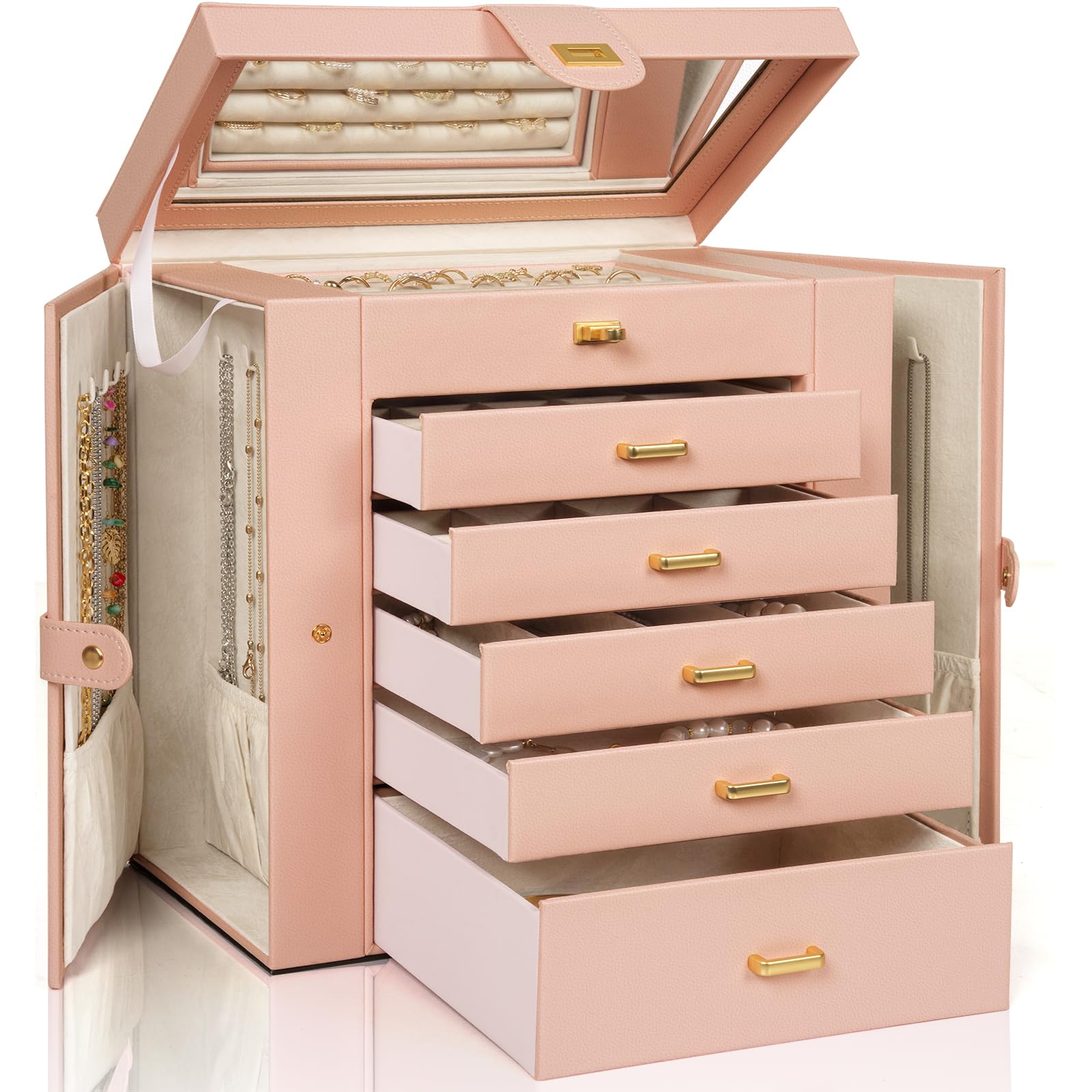 AKOZLIN Extra Large 6-Tier Jewelry Box Organizer Functional Huge 5 Drawers Leather Jewelry Storage Case