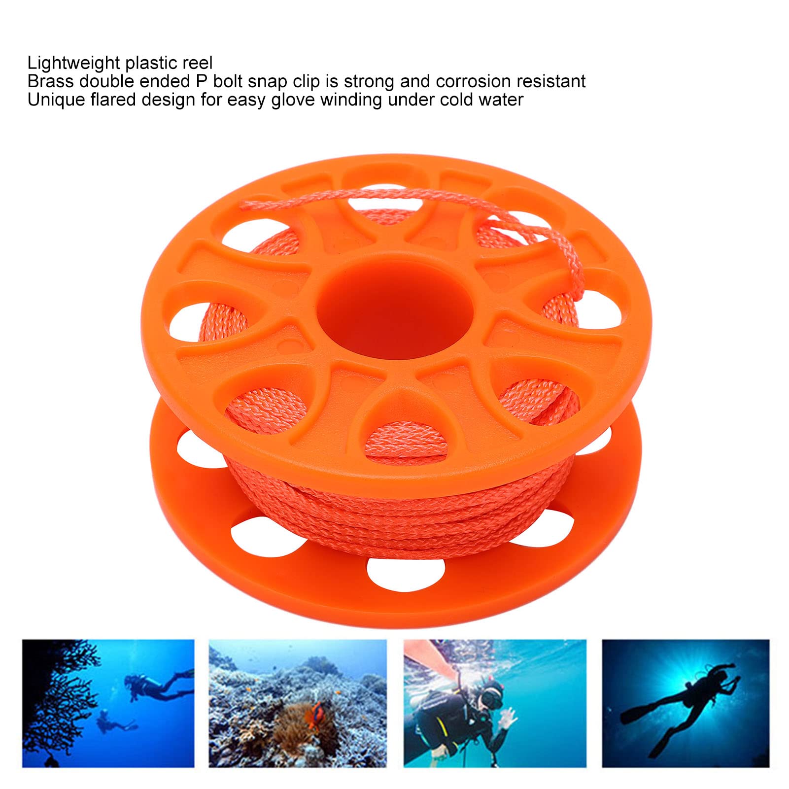 Scuba Diving Reel, 30M Fishing Scuba Diving Finger Spool with Ended Bolt Snap Clip Fluorescent Orange Wire (Orange)