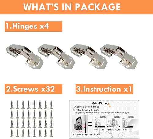 Miniatura 6 de Betki - Juego de 4 bisagras de gabinete de 4 pulgadas, cierre automático de 90 grados, acero niquelado, estilo moderno/contemporáneo, fácil