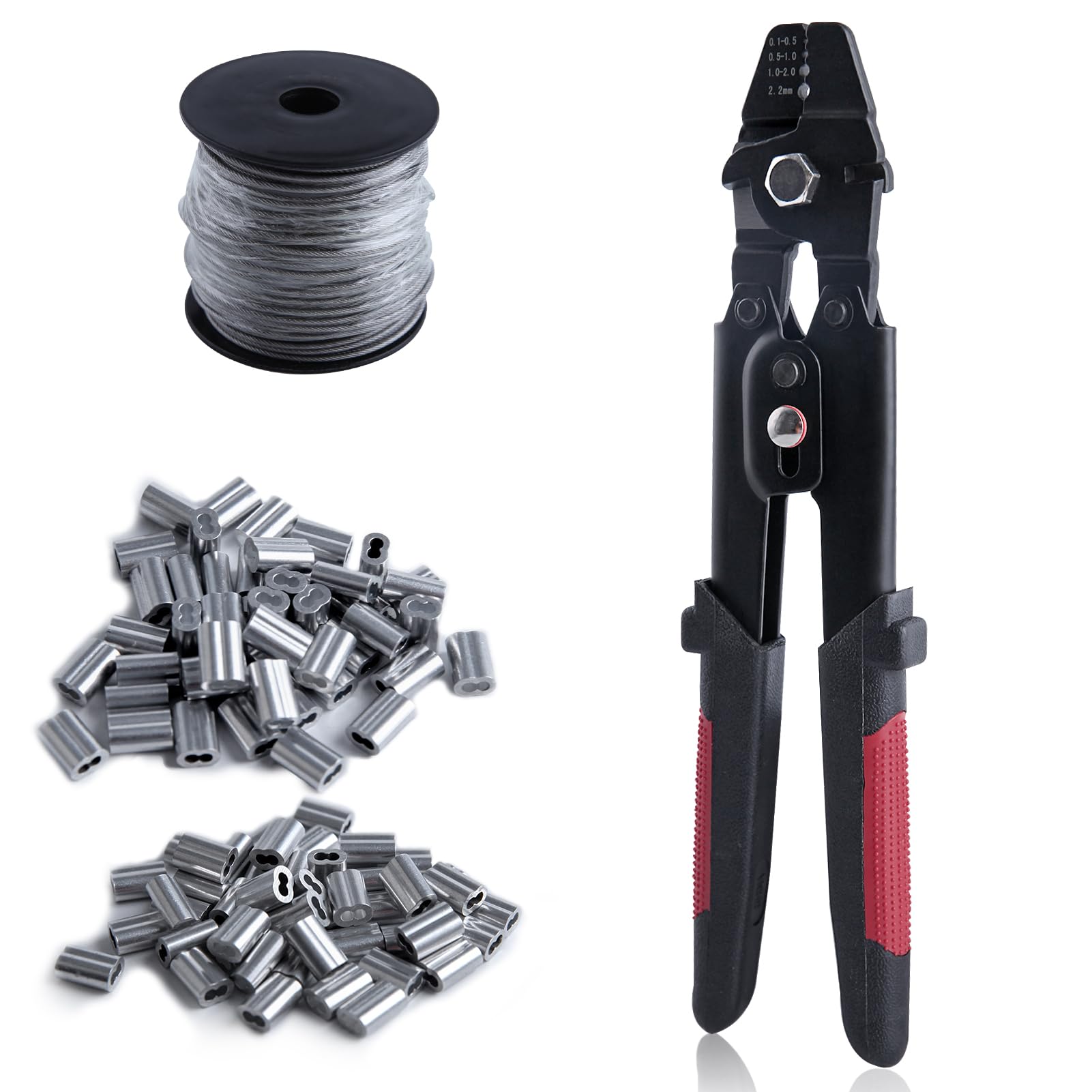102 pezzi Kit di strumenti di crimpatura per funi metalliche, kit di crimpatura per la pesca con pinza a crimpare e fune metallica in acciaio inossidabile 304 da 50 m, 100 pezzi con