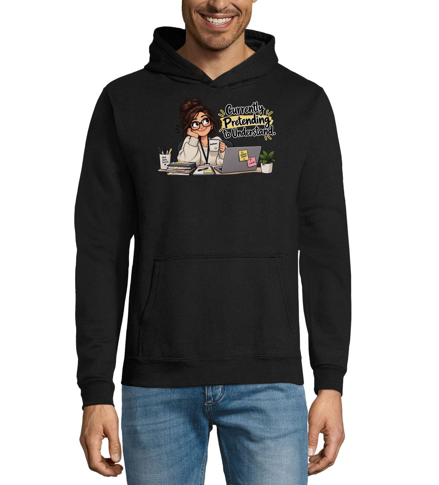 Młoda kobieta udająca zrozumienie pracy unisex mieszanka bawełny bluza z kapturem bluza z kapturem czarna