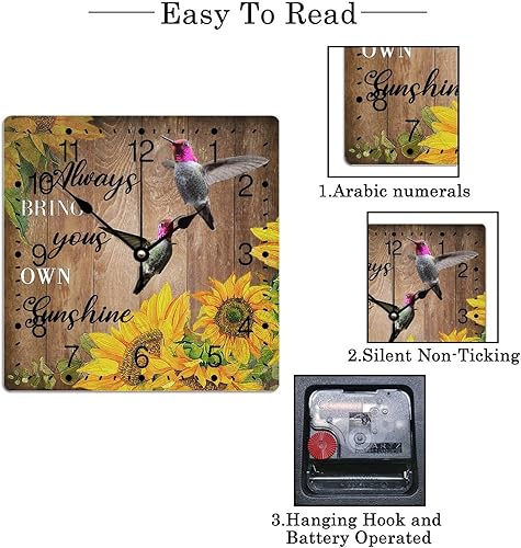 Miniatura 7 de Reloj de pared de PVC Always Bring Yours Own Sunshine Relojes sin marco, colibrí, girasol, 12 pulgadas, cita refranes, cuadrado, silencioso, sin
