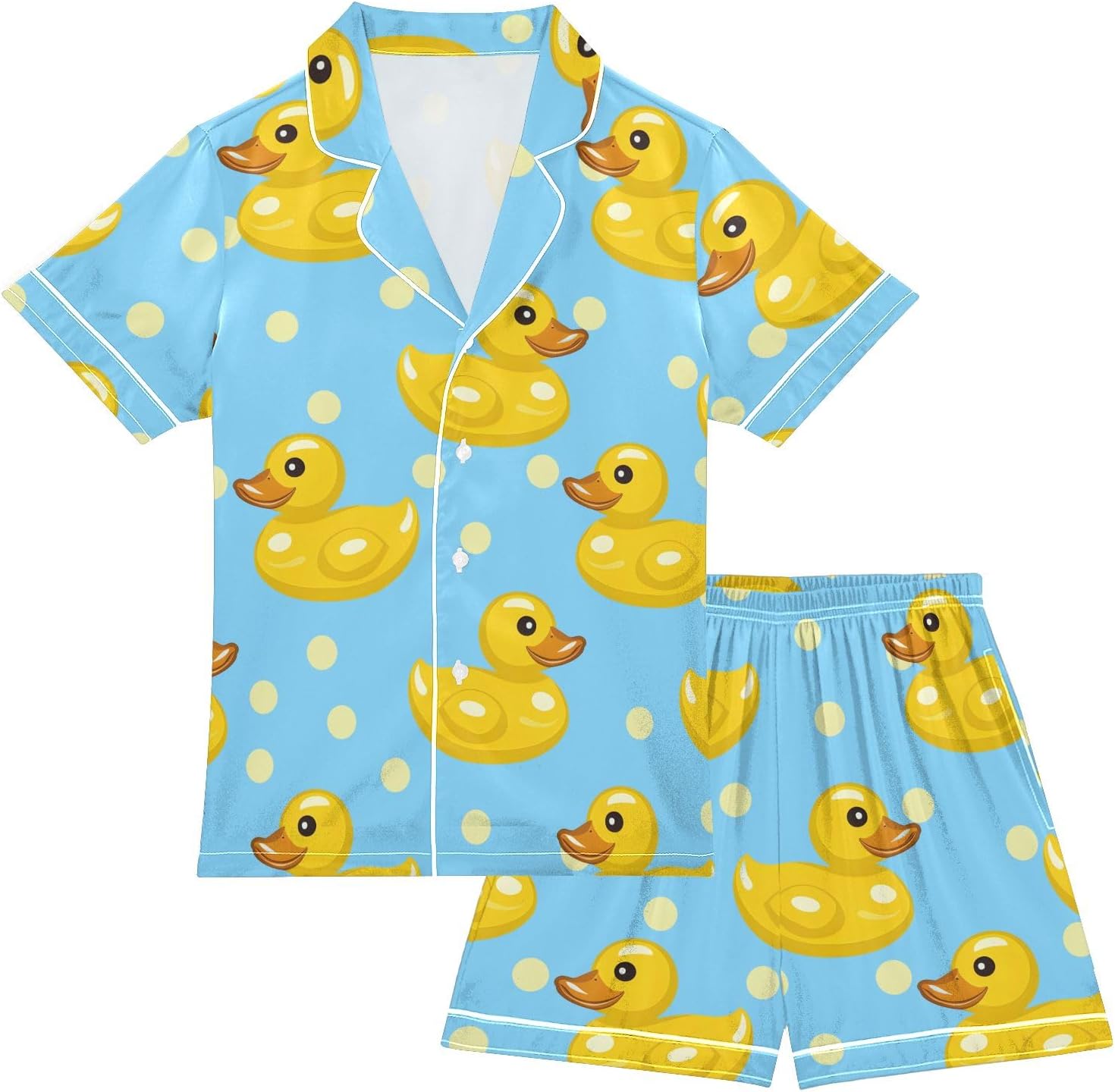Kids Satin Wear Set Little Yellow Duck Yellow Polka Dots Pattern Relaxed Fit Clothing Short Sleeve and Shorts