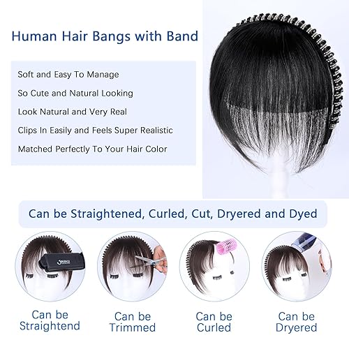 Miniatura 7 de G&T - Flequillo con clip para el cabello humano, flequillo delgado con fleco de diamantes de imitación, extensiones de cabello para mujer, flequillo