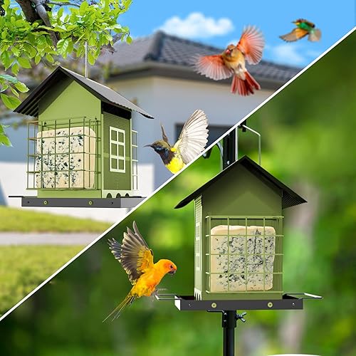 Miniatura 5 de Comederos para pájaros para colgar al aire libre, comedero de metal para pájaros con doble jaula de sebo para pasteles, gran capacidad, comederos