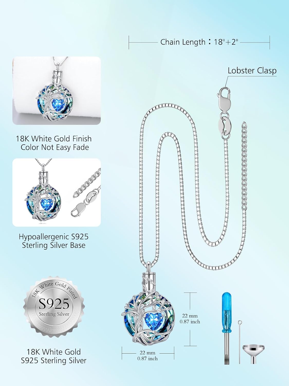 TOUPOP Tree of Life Urn Necklaces for Ashes Birthstone Cremation Jewelry 925 Sterling Silver Crystal Memorial Keepsake Funeral Jewelry for Women (with Funnel Filler) - Image 5