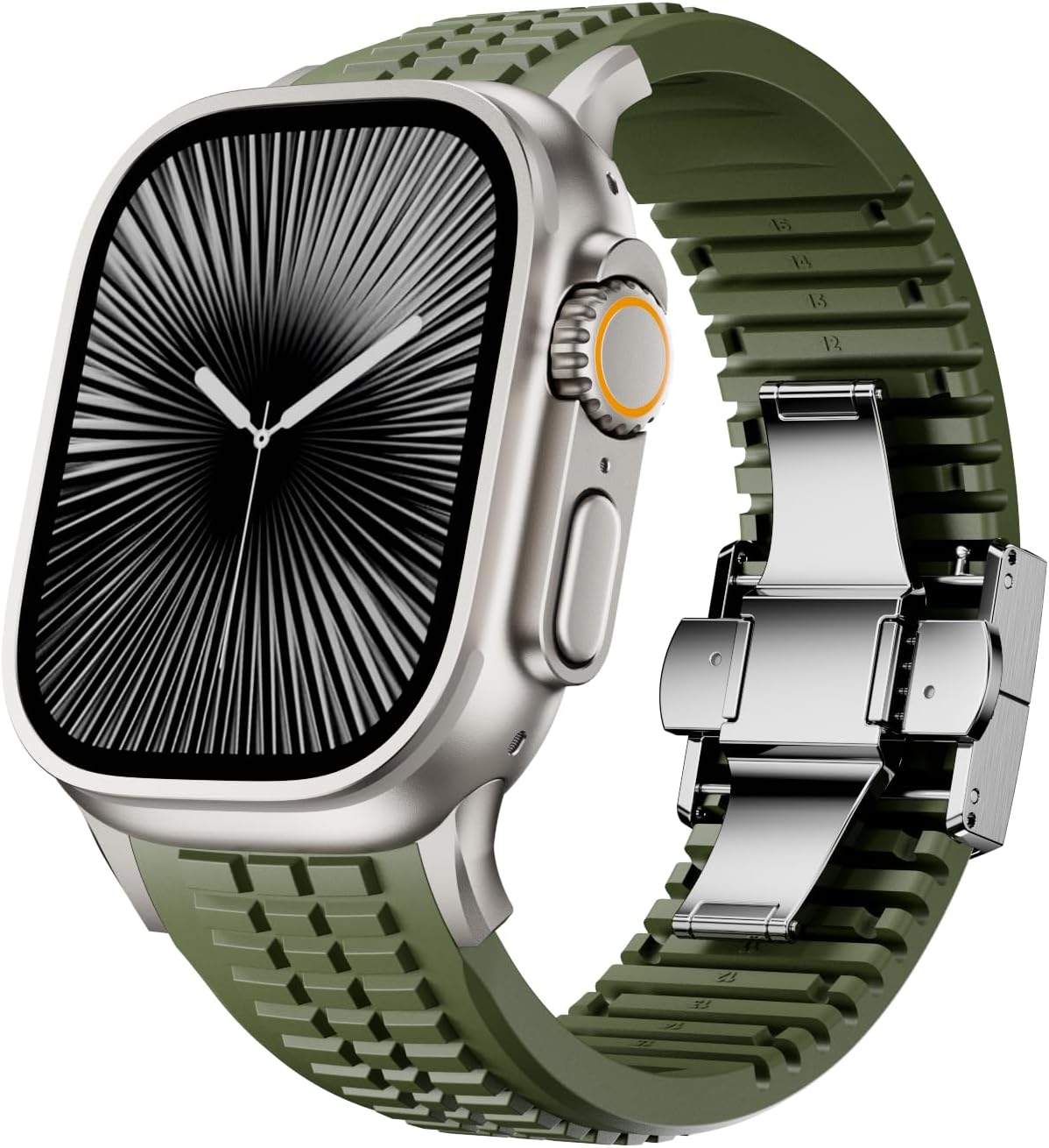 Silicone Watch Band Compatible with iWatch Ultra 2 / Ultra/Series 10 9 8 7 (44mm 45mm 46mm 49mm), Sport bands with Folding buckle, Rugged Heavy Duty Modern Design for Men