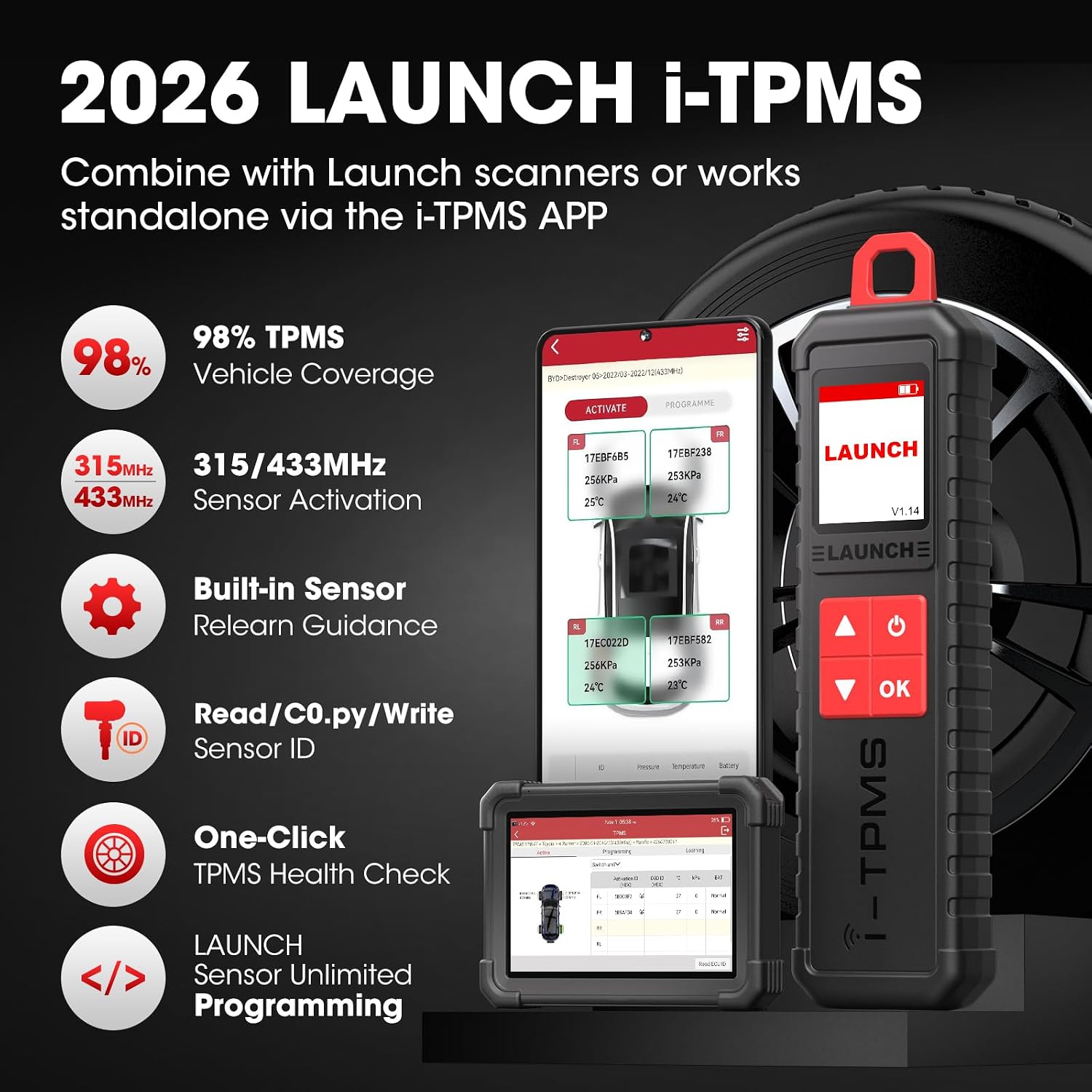 2026 New LAUNCH X-431 i-TPMS TSGUN Handheld TPMS Service Tool, Relearn, Reset and Program TPMS sensors Work with X-431 Scanner or i-TPMS APP, Supports All 315/433MHz Sensors, Upgrade of TSGUN