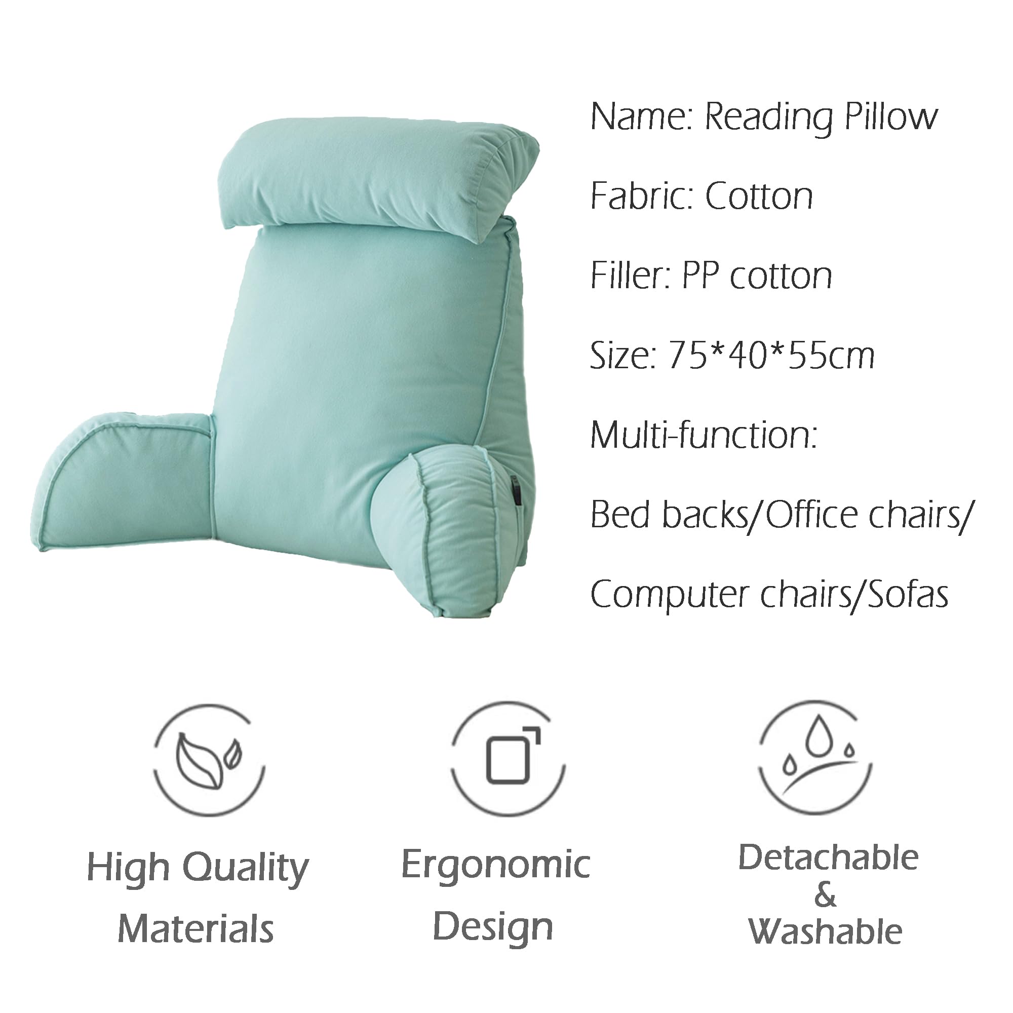 Großes Lesekissen für Sofa, Stuhl, Bett, Umarmungskissen, Lendenwirbelstützkissen, Rückenkissen, Taillenkissen zum Lesen, 75 x 40 x 55 cm, Grün2