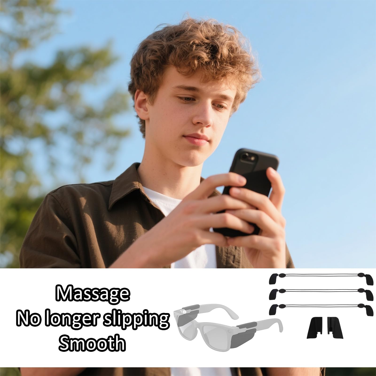 2 Sztuki Inteligentnych Osłon Bocznych do Okularów z 3 Paskami, Silikonowymi Ochraniaczami Bocznymi i Paskami Mocującymi Kompatybilne z Okularami Ray-Ban Meta Wayfarer/Skyler