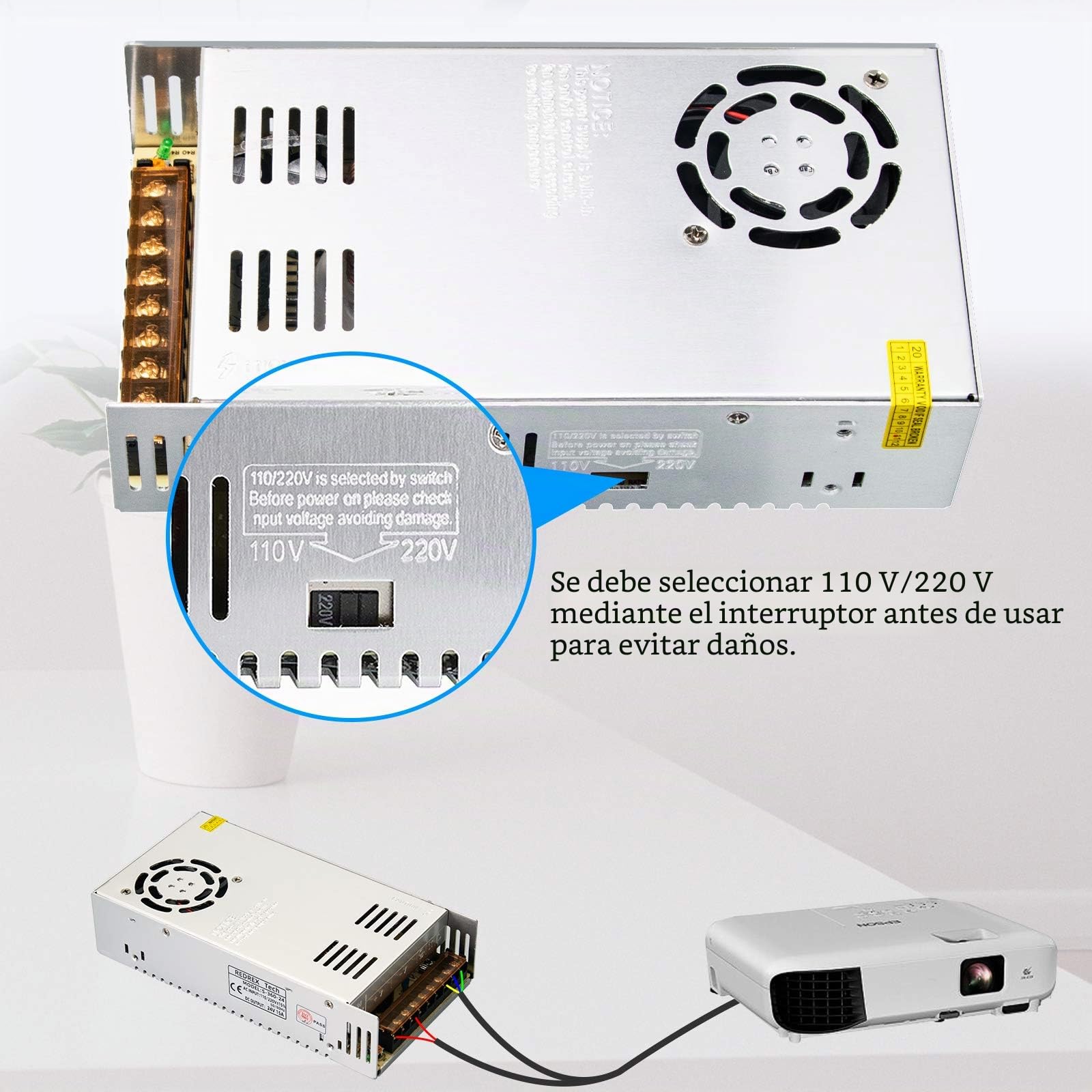Redrex 24V 15A Fuente de Alimentación Transformador Interruptor 360W Para Impresoras 3D Tira LED Luces Proyecto Ordenador