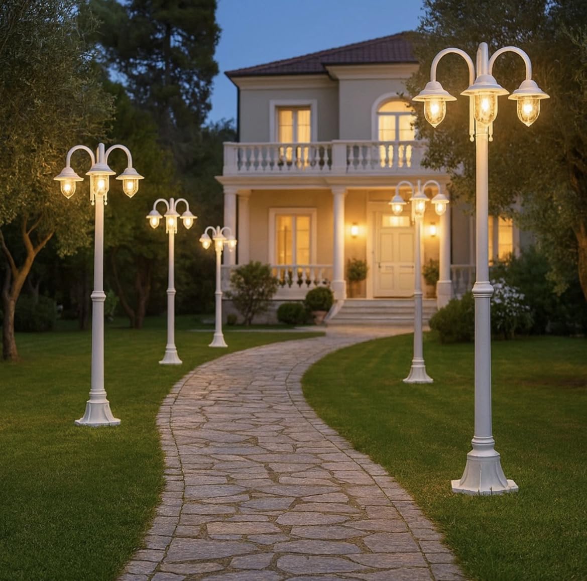 Partenopea Lampione da giardino classico a 3 luci con attacco E27, lanterna da esterno in alluminio IP54, ideale per vialetti, parchi, ingressi e strutture ricettive (Bianco)