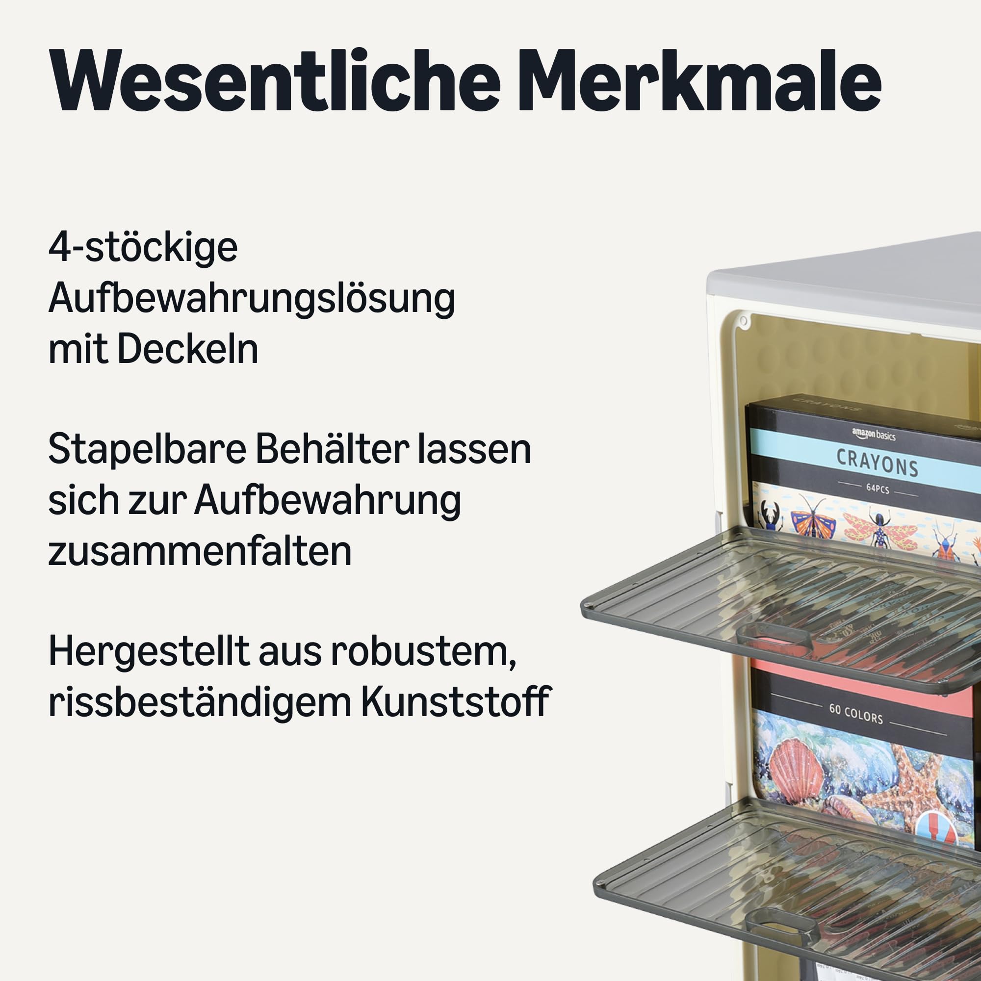 Amazon Basics Stapelbare 4-Etagen Aufbewahrungsbehälter mit Rollen, 21,7L pro Etage, Faltbare Behälter mit Deckeln, 82.6 x 39.1 x 27.2 cm, Grau/Beige