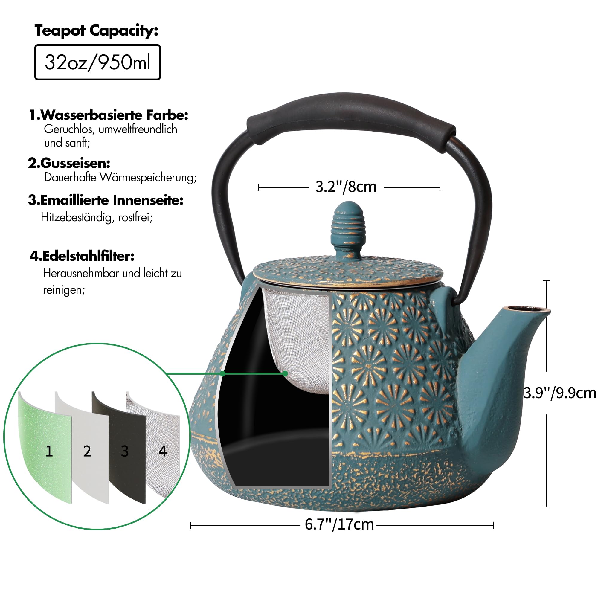 Gusseisen-Teekanne, 950ml japanisches Kirschblütenmuster Teekessel, herdtauglich, Infuser für losen Tee & Kaffee, Silikon-Griff, emailliertes Innenleben, 32oz Blau