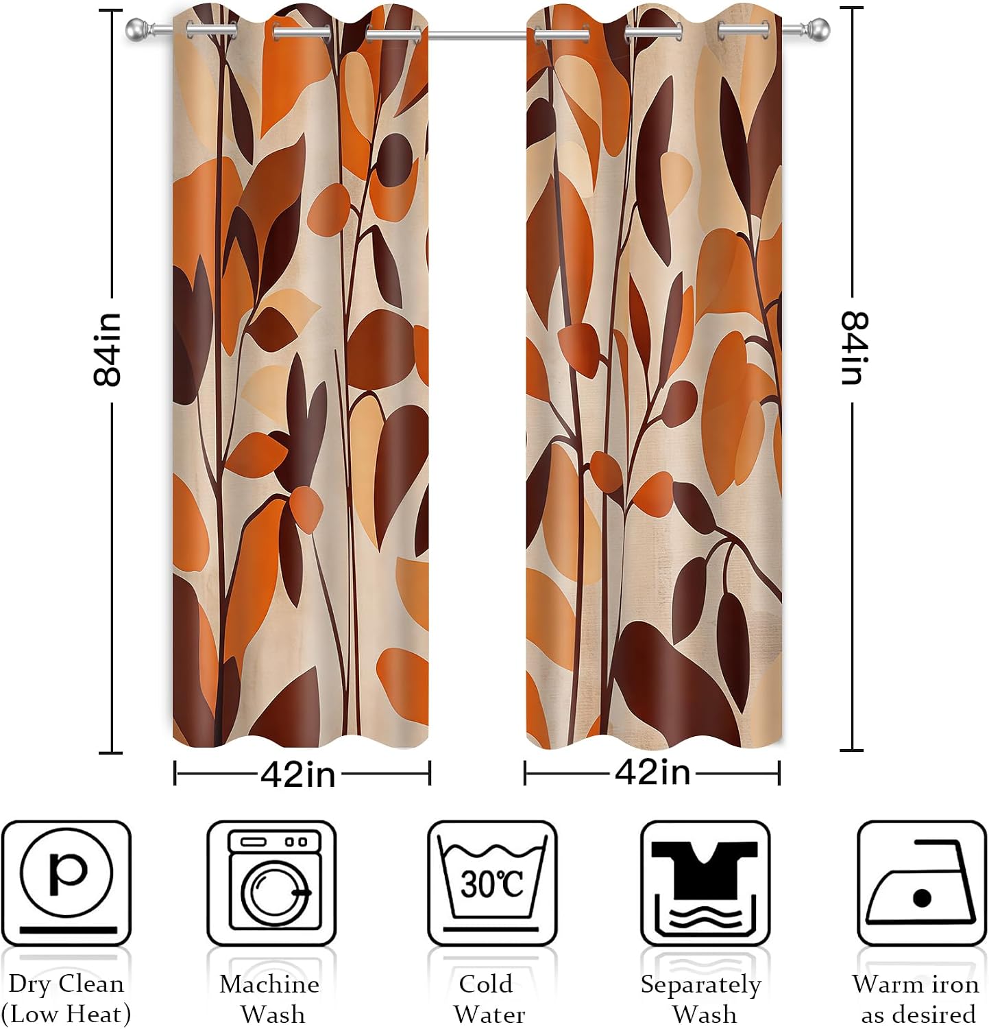 Boho Burnt Orange Leaves Curtains Retro Vintage Leaf Curtains Rustic Plant Botanical Modern Abstract Art Printed Nature Living Room Bedroom Window Treatment Drapes 2 Panels 42x84 Inch