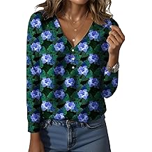 Women's Tropical Floral Print V Neck Long Sleeve Shirt Summer Cotton Blend Casual Top for Beach Vacation Everyday Wear